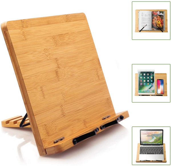 Foldable Tablet Home- Pezin & Hulin Adjustable Reading Cookbook Holder Tray with Page Paper Clips Kitchen Phone Stands for Office Bamboo Book Stand