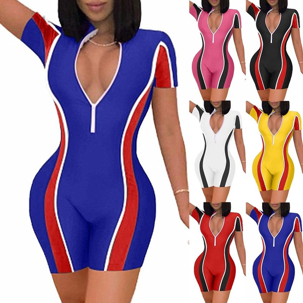 2020 Summer Bodycon Rompers Womens Slim Fit Jumpsuit Chest Zipper