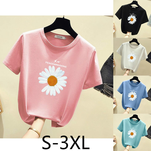 2020 New Summer Ladies T-Shirt Fashion Little Daisy Print Ladies T-Shirt  Girl Cotton Short-Sleeved T-Shirt | Wish