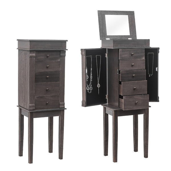 Standing Jewelry Armoire With Mirror 5 Drawers 8 Necklace Hooks Cabinet Chest Top Storage Organizer Flip 2 Side Swing Doors Cabinets Wish Storage Organizer Flip Mirror, White Stand Up Jewelry Box With Mirror