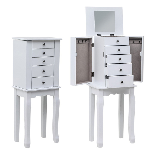 Standing Jewelry Armoire With Mirror 5 Drawers 8 Necklace Hooks Cabinet Chest Top Storage Organizer 2 Side Swing Doors White Wish Necklace Hooks Jewelry Cabinet Chest, Standing Jewelry Armoire With Mirror