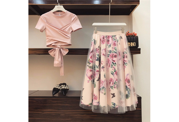 Women Irregular T Shirt+Mesh Skirts Suits Bowknot Solid Tops