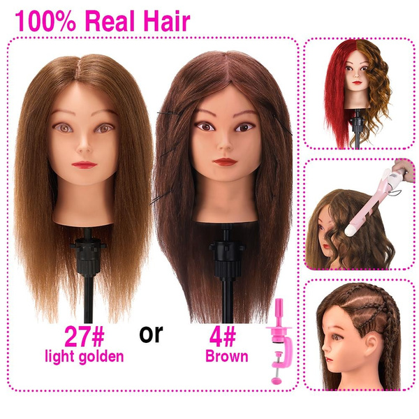 20'' Real Hair Cosmetology Mannequin Head Hairdressing Training Head ...