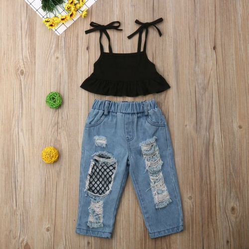 Toddler Kids Baby Girls Vest Tops + Ripped Fish Net Jeans Pants