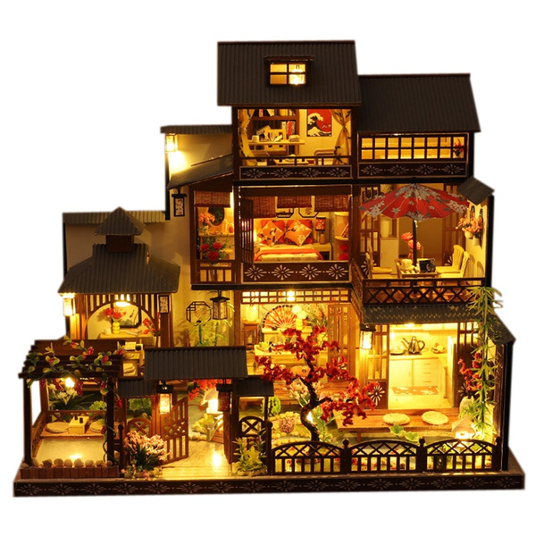 DIY Wooden Dollhouse Kit Miniature Sakura Cherry Blossom Appointmen Glass Cover 