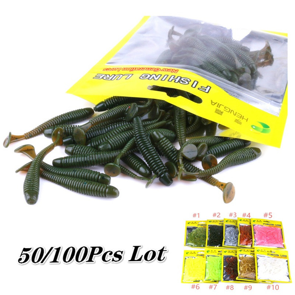 50 /100Pcs Bag T Tail Silicone Soft Bait Fishing Artificial Worms