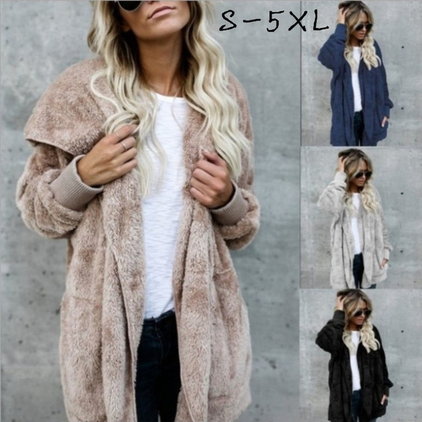 Cheap Women Winter Coat Solid Color Long Sleeves Zipper Cardigan Loose Warm  Furry Plush Plus Size Lady Coat Winter Clothes