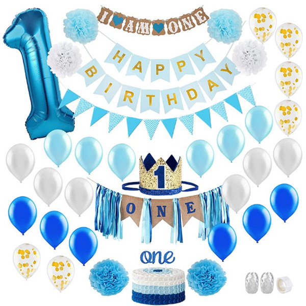  Boy First Birthday Decorations - One Cake Topper, Blue