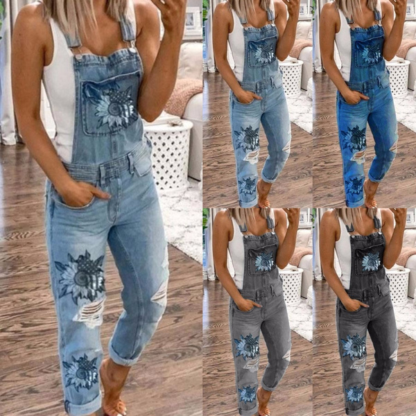 Womens Jeans Denim Jumpsuit Romper Dungaree Overalls Ripped Bib Pants Plus  Size