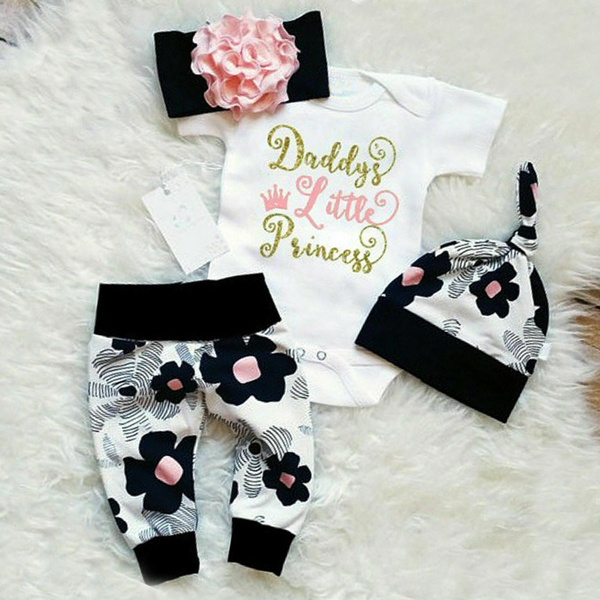 Floral Daddy's Princess Romper Long Pants Outfits Clothes 4pcs for Baby Girls 