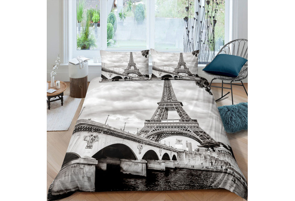Eiffel Tower Comforter Cover Set Queen Size Paris Tower Bedding Set French Style Bedroom Decor Kids Women Girls Boys Grey Cityscape Bedspread Cover with 2 Pillow Shams,Ultra Soft Modern,No Comforter