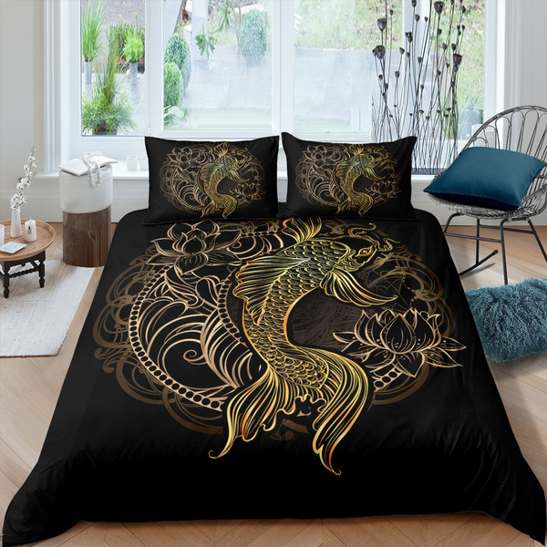 Koi Fish Comforter Cover Set For Woman, Black Gold Bedding King
