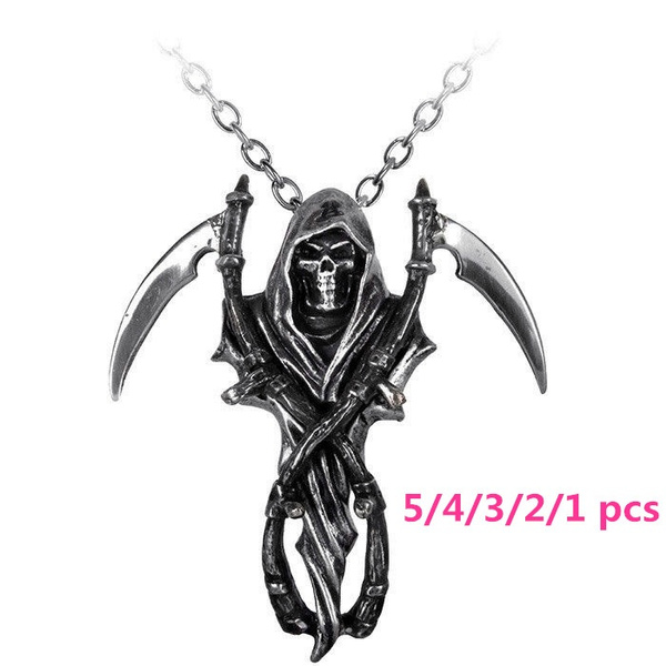 Stainless Steel Death Reaper's Scythe Skull Pendant Necklace Men's Jewelry 