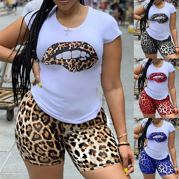 Pantalones cortos de camiseta con estampado de labios de leopardo ceñido  sexy para mujer Conjuntos Club 2 piezas Trajes | Wish