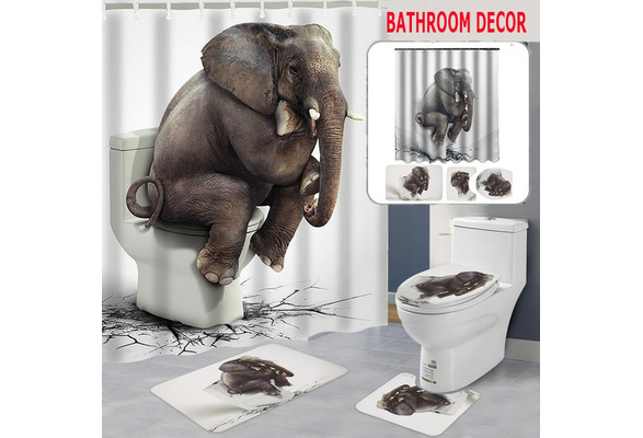 Colourful Elephant Bathroom Shower Curtain Toilet Rug Cover Bath Mat  ✫ 