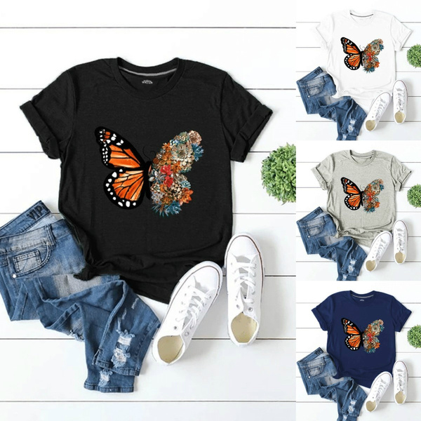 Women's Summer Casual Butterfly Printed Short Sleeve T-shirt Tops Plus 