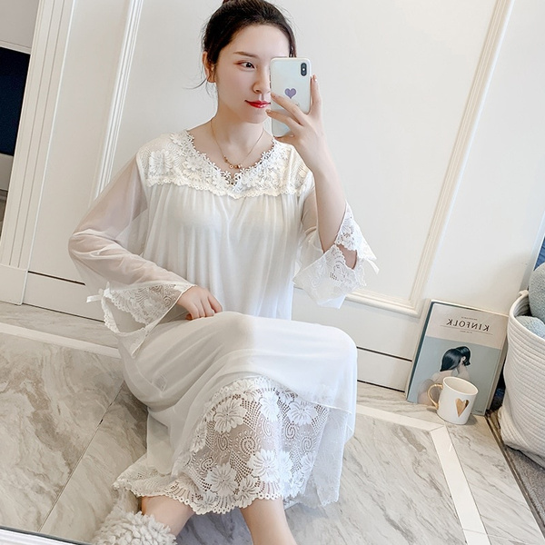 Super Fairy Long Nighty Mesh Sleepwear White Pink Long Sleeve Korean Sleep  Dress Night Gowns Ladies Lingerie Princess Sleepdress