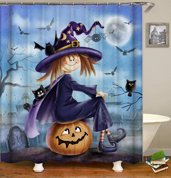Halloween Witch Hat Broom Shower Curtain Liner Waterproof Fabric Bathroom Hooks 