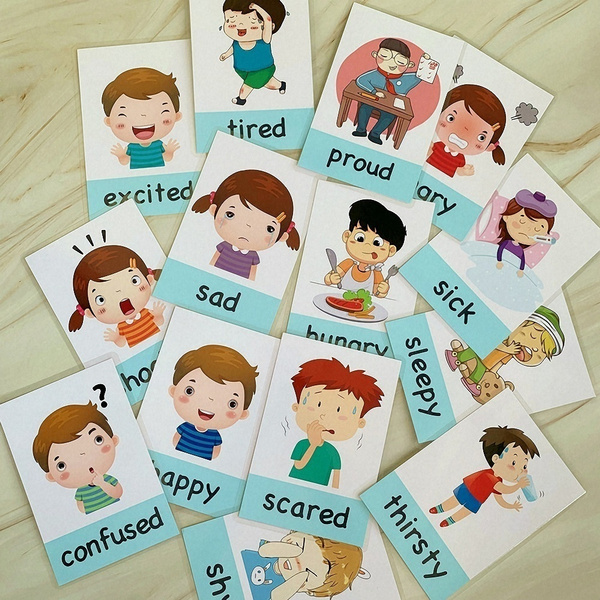 14Pcs Montessori Baby English Learning Cards Cartoon Mood Emotion Flash