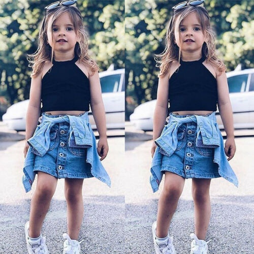 Summer Toddler Kids Baby Girl Sleeveless Sling Tank Top Vest Denim Mini Short Skirts Outfits