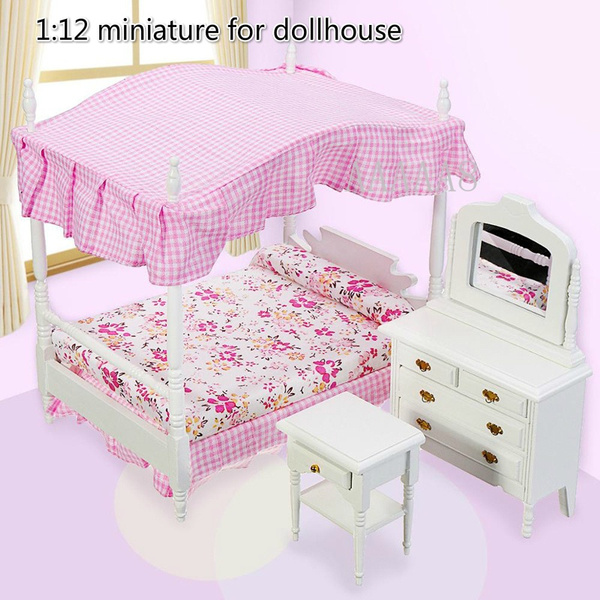 4 Pcs Dollhouse Mini Furniture Set European Princess Bed with Desk Lamp Wardrobe 