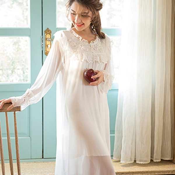 Long Sleeve White Nightgown Female 2020 