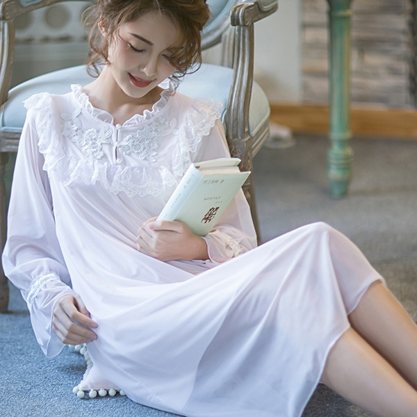 Long Sleeve White Nightgown Female 2020 Plus Size Women Korean Sleep Dress  Nightdress Lace Sleepwear Night Gowns Ladies Lingerie