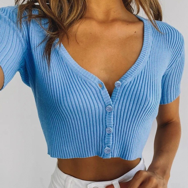 Summer Tops Sexy Buttons T Shirt Short Sleeve Knitted Crop Top