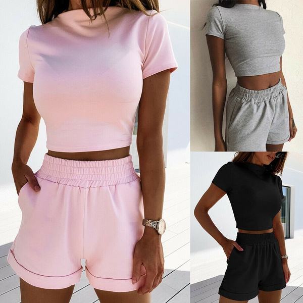 Womens 2Pcs Co-ord Set Crop Top Shorts 