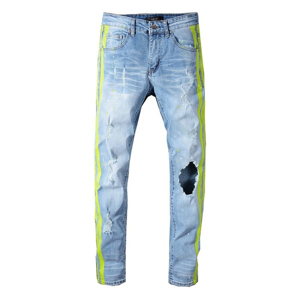 Men's Neon Yellow Color Lines Patchwork Ripped Jeans Fashion Holes