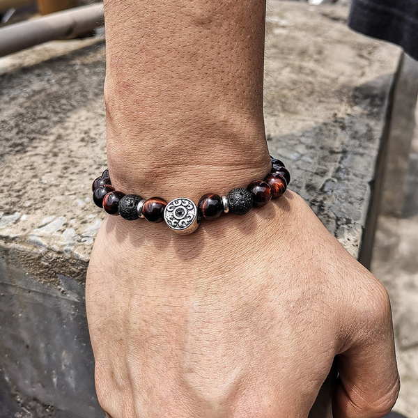 Details about   Handmade Red Tiger Eye's Stone Black Lava Beaded Stretch Bracelet Round Charm