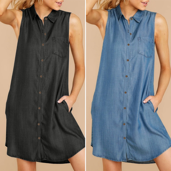 sleeveless denim dress with collar