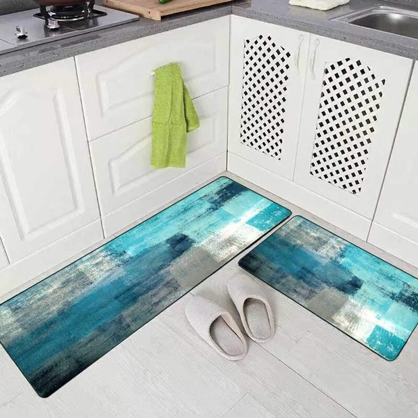 JXIONGF Soft Kitchen Rugs 2 Pieces, Turquoise Grey Abstract Art Painting  Washable Non-Slip Kitchen Mat Set 16 x 24+16 x 48 Rug for Kitchen