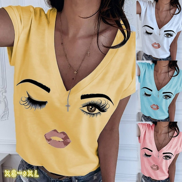 Women Causal Short Sleeve Eye Lip Print Graphic Tee Shirts Plus Size V