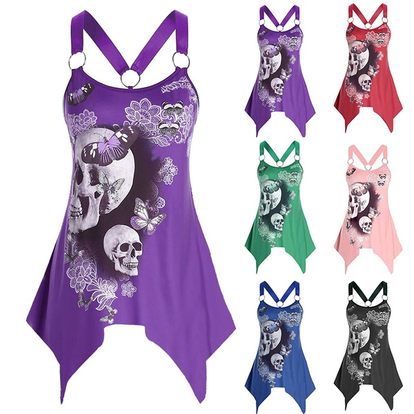 NEW Womens Fashion Sleeveless Asymmetric Skull Floral Print Tank Top ...