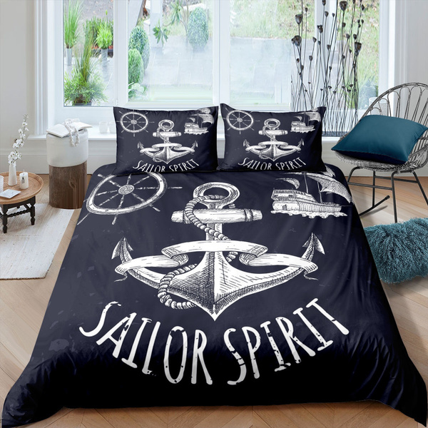 Anchor Compass Print Duvet Cover, Nautical Bedding Queen