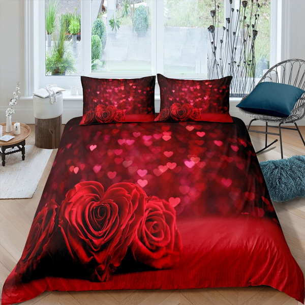 FairOnly Reactive Printed 3D Bed Set 3D Bedding Set Linen Queen Bedclothes Duvet Cover Set Red Black Rose Coverlet Queen