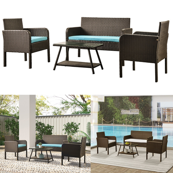 4 Pieces Patio Set Outdoor Wicker Patio Furniture Sets Rattan Chair for Yard Bistro Lawn Balcony
