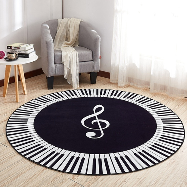Music Symbol Piano Keys Black Round Carpet Anti Slip Rugs Home Bedroom Foot Pads 