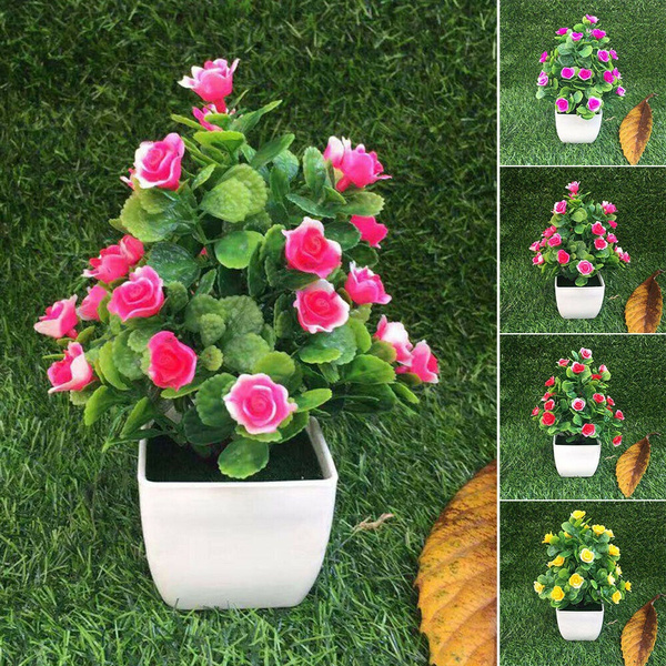 Realistic Artificial Flowers Plant In Pot Outdoor Home Office Decoration Gift ^ 