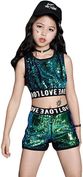 Haitryli 2Pcs Kids Girls Hip-hop Dance Shiny Sequins Sleeveless Crop Top with Shorts Set Clothes 