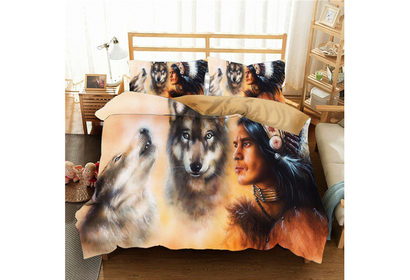 3D Feather Native American Indian Wolf Bedding Set Beautiful