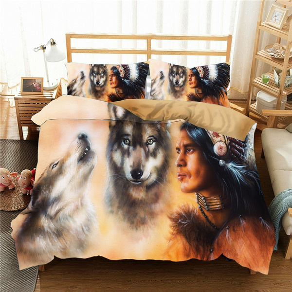 3d Feather Native American Indian Wolf, Native American Duvet Cover