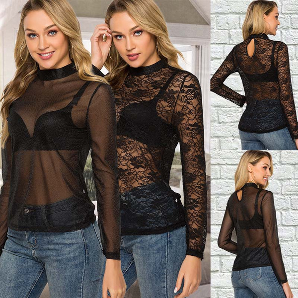 Women Fashion Black Sexy Lace Tops Perspective Long Sleeve T Shirt