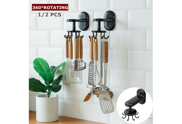 Cu Tting Board Kitchen Utensils Space-saving Kitchen Rack Wall Hooks with 8 Removable Adjustable Hooks for Spoon Kitchen Tools Key 360 Degree Rotating Storage Hook Kitchen Swivel Hook Towel