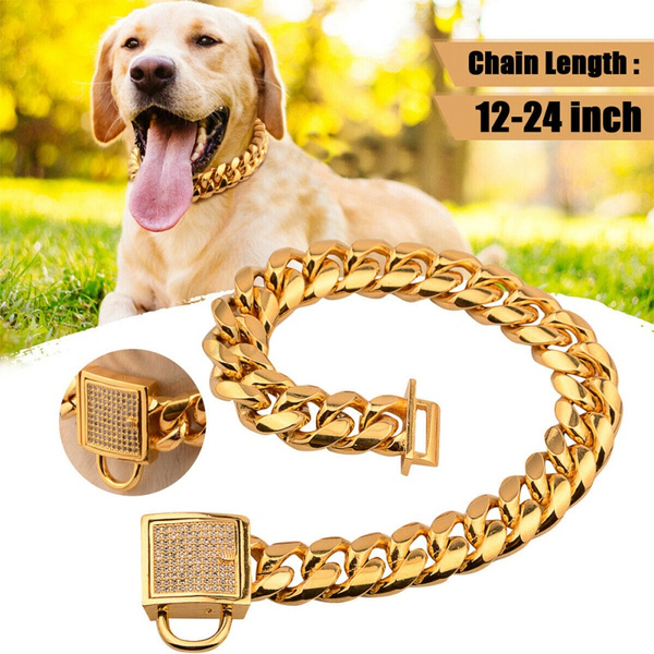  Gold Dog Chain Collars with Cubic Zirconia Locking