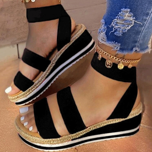 Summer Women Wedge Heel Sandals Fashion Thick Bottom Leather Sandals Girls  Shoes