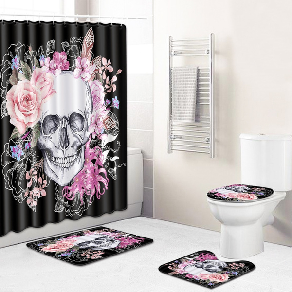 Pink Flower Skull Shower Curtain Bath Mat Toilet Cover Rug Bathroom Decor Set 