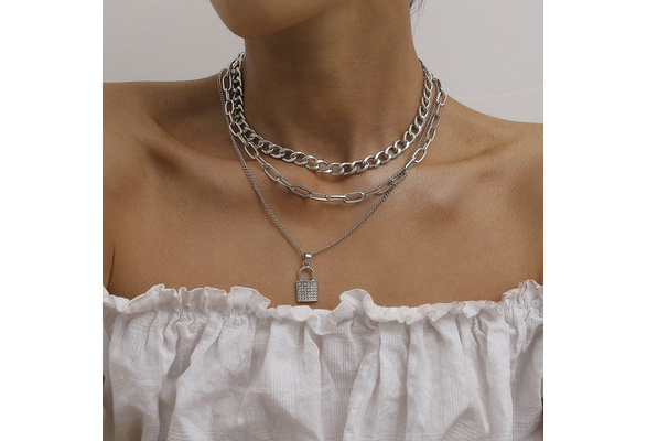Vriua Vintage Silver Color Lock Chain Necklaces Double Layer Link Chain  Pendant Necklaces Padlock Mens Punk Jewelry - Buy Halskette Collier Femme