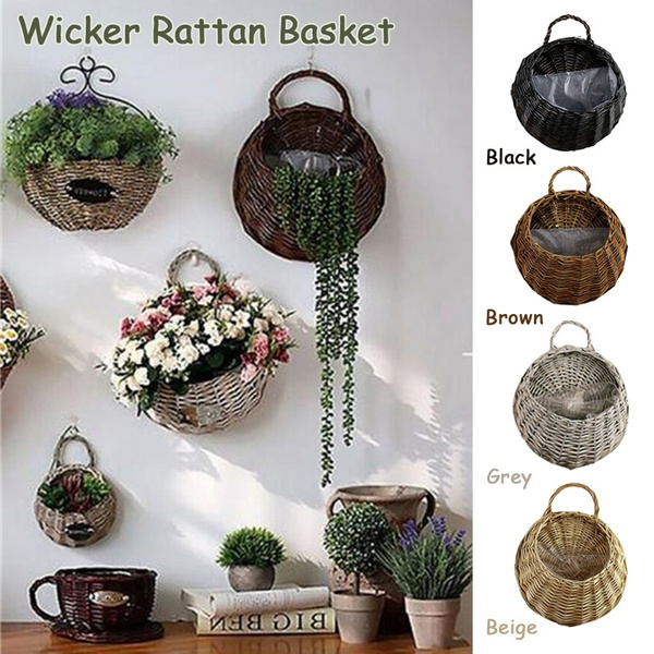 CW_ Rattan Wall Hanging Wicker Flower Basket Pot Planter Rack Holder Decor Charm 